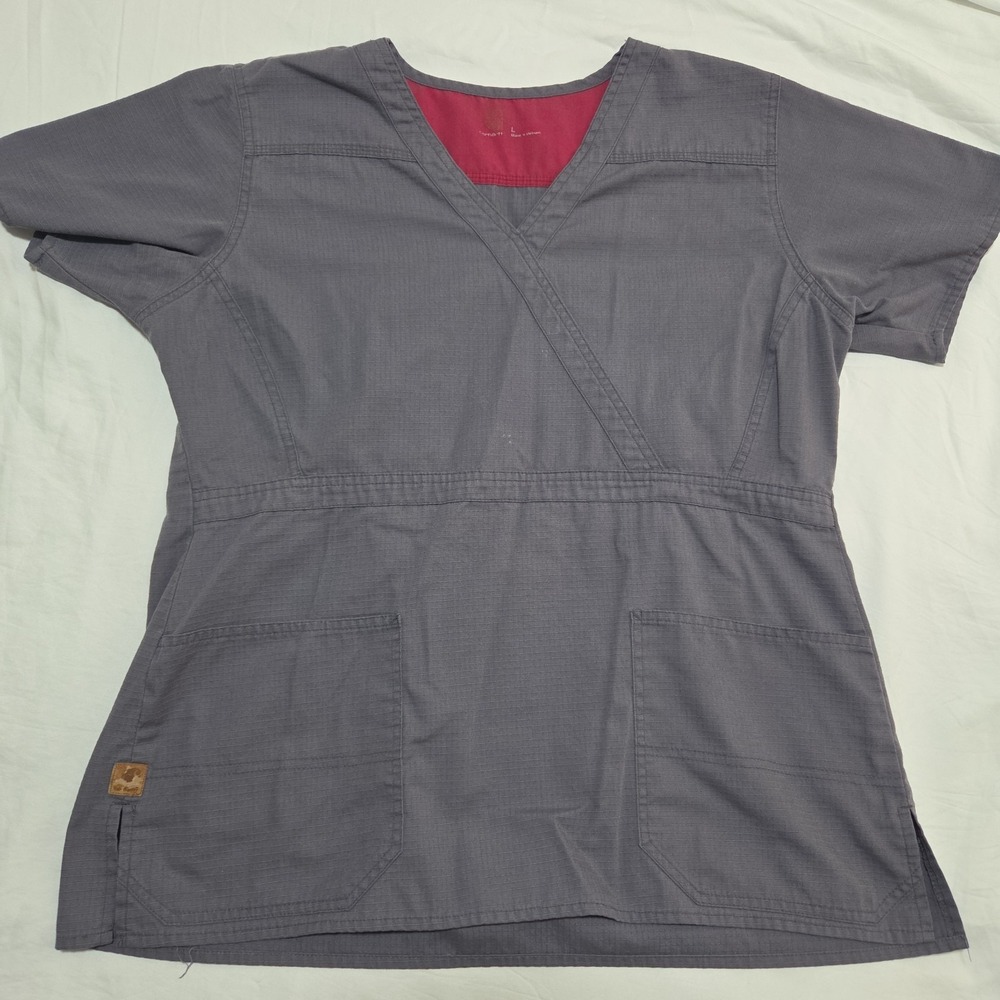 Carhartt Scrub Top Women's Large Gray V-Neck Cotton Medical Uniform 2 Pocket